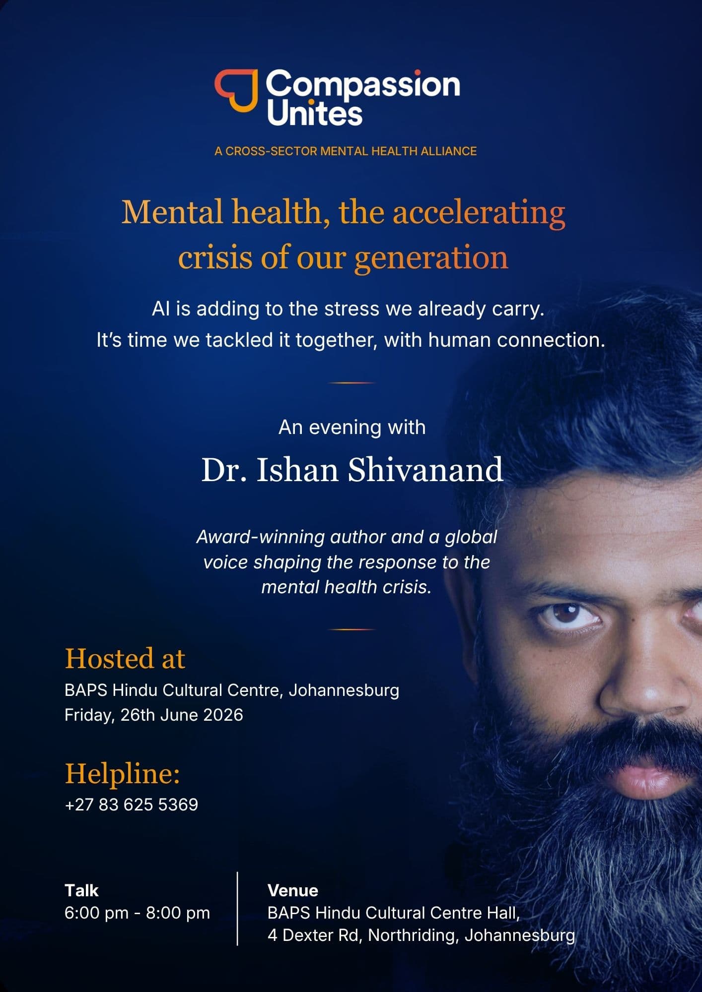 Compassion Unites — an evening with Dr. Ishan Shivanand at the BAPS Hindu Cultural Centre, Johannesburg, 26 June 2026