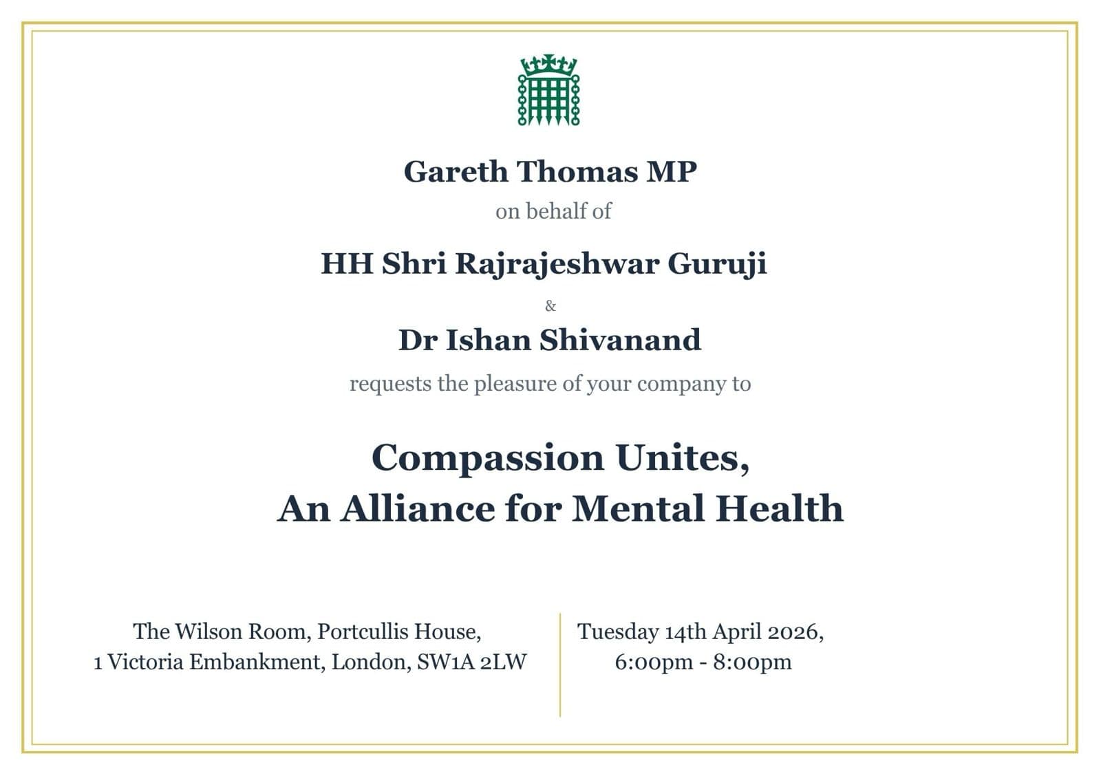 Parliamentary invitation for Compassion Unites, hosted by Gareth Thomas MP at Portcullis House, 14 April 2026